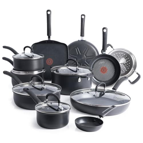 T-Fal Ultimate Hard Anodized Nonstick Cookware Set 17 Piece, Nonstick Pots and Pans Set with Fry Pan, Saucepans, Saute-Pan, Griddle, Dishwasher Safe, Black