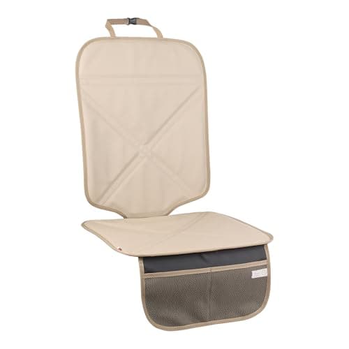 Viaviat Car Seat Protector Leather Waterproof Child Safety Seat Protector Cover with Thick Pad and 2 Large Pockets Durable Kick Mat for All Auto Seat (Beige)