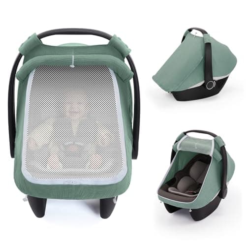 Blissful Diary Baby Car Seat Cover, Extra Large Mesh Window, Breathable Muslin Cotton, Infant Windproof Canopy, Must-Have Baby Gift - Roman Green