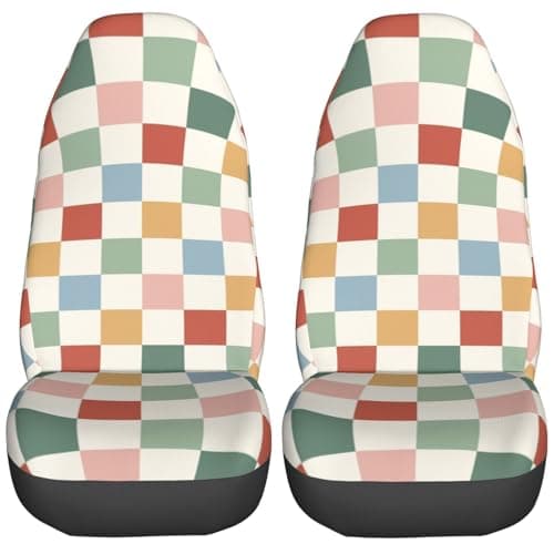 Foruidea Rainbow Checkerboard Retro Car Seat Covers Universal 2 Pcs Auto Front Seat Cover Fit Most Cars,SUV,Sedan,Trucks