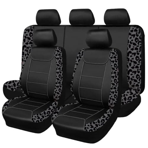 Flying Banner Carbon Fiber Leather Vehicle Seat Covers, Leopard Gray Black, Universal Fit - 8PCS