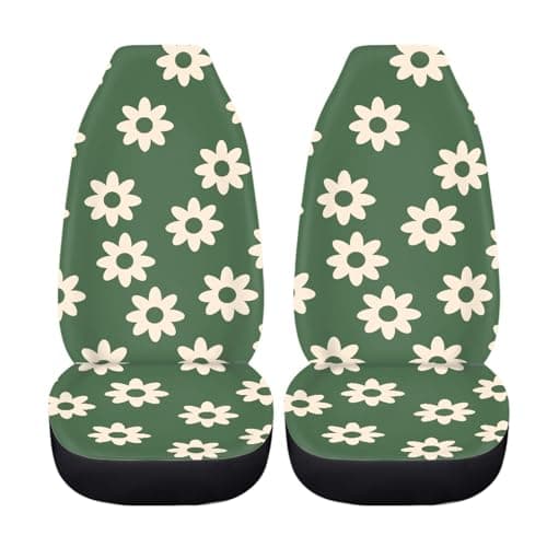 FUIBENG Green Groovy Flower Auto Seat Cover Set 2 Pack,Hippie Floral Car Front Seat Cushion Elastic Breathable Seats Cushion Pad for Women Lady Universal Fit Automotive Seats Covers Accessory