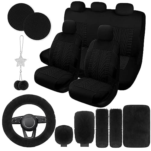 JINGSEN 17 Car Seat Cover Full Set for Women,Universal Car Seat Cover,Plush Steering Wheel Cover,Fluffy Soft Wool Handbrake Gear,Suspension Accessories Full SUV((Patterned Black