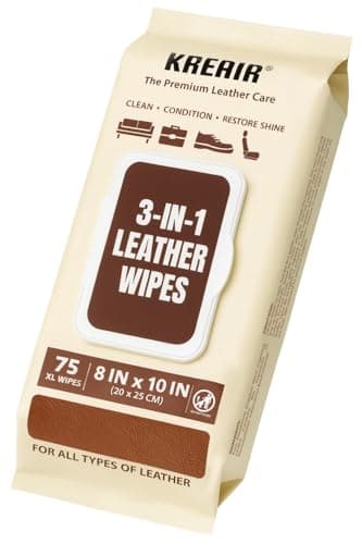 Kreair 3in1 Leather Wipes 75 XL Count, Clean, Condition & Restore Shine, Extra-Large 8"x10" Wipes for Car Seats, Shoes, Furniture & Bags, Thick, Durable & Non-Linting, Safe for All Leather Types
