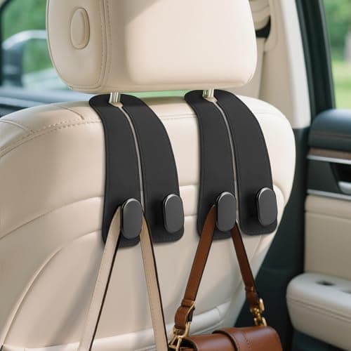 Fitnice Car Seat Headrest Hooks - 2 Pack Universal Car Purse Hook, Leather Car Bag Purse Holder with Double Metal Hooks for Handbags, Grocery Bags, Bottles, Phones