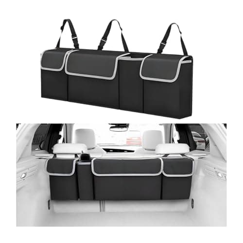 Ywdiml Car Trunk Organizer with Lid, Large Waterproof Vehicle Backseat Hanging Storage Bag with 4 Pockets & Adjustable Straps, Collapsible Automotive Interior Cargo Bag, Universal Fit (Black)