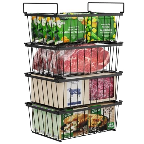 iSPECLE Freezer Organizer Bins - 4 Pack Stackable Deep Freezer Organizer Bins for 5 Cu.Ft Chest Freezer Easy Get Food from Bottom without Digging, Add Space Sort Store More Frozen Food, Black