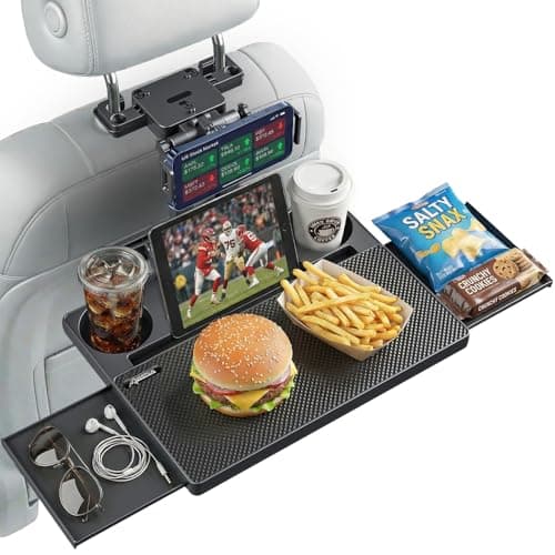 Car Back Seat Tray Table, Stable Foldable Auto Backseat Food Trays Desk for Rear Passenger Road Trip Eating & Work, Multifunctional Adjustable Travel Tray with Phone Drink Holder for Laptop iPad