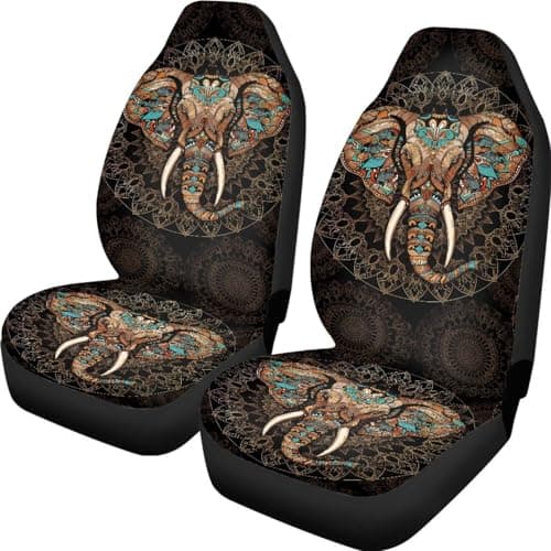 Wunvihay Bohemian Elephant Print Car Accessories Women Men Front Seat Cover Set Stretchy Saddle Blanket Auto Bucket Seat Protectors, Car Interior Automotive