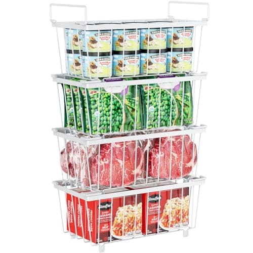 iSPECLE Deep Freezer Organizer Bins - 4 Pack Stackable Small Freezer Organizer Bins for 5 to 7 Cu.FT Small Chest Freezer Sort Frozen Food Easy to Get Food from Bottom without Digging in Freezer, White