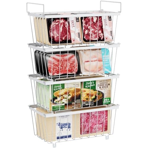 iSPECLE Deep Freezer Organizer Bins - 4 Pack Small Stackable Freezer Baskets for 7 Cu.ft Chest Freezer, Easy Access Food No More Digging, Sturdy Metal Metal Wire Basket Not Scratch Bottom, White