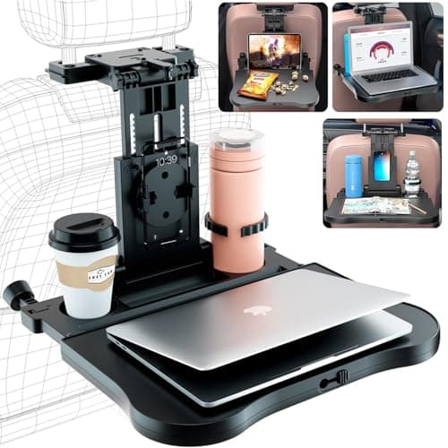 Car Back Seat Tray Table - Stable Foldable Auto Backseat Food Trays Desk for Rear Passenger Road Trip Eating & Work, Multifunctional Adjustable Travel Tray with Phone Drink Holder for Laptop iPad