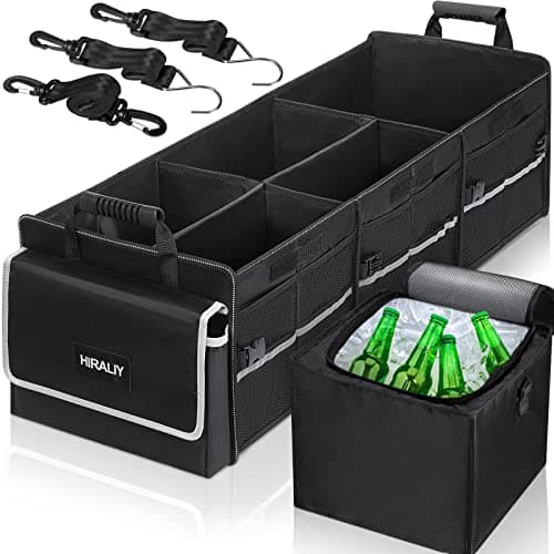 HIRALIY 4 in 1 Car Trunk Storage Organizer with Leakproof Cooler Bag, Multi-Compartment Foldable Trunk Storage Box for Car Truck SUV