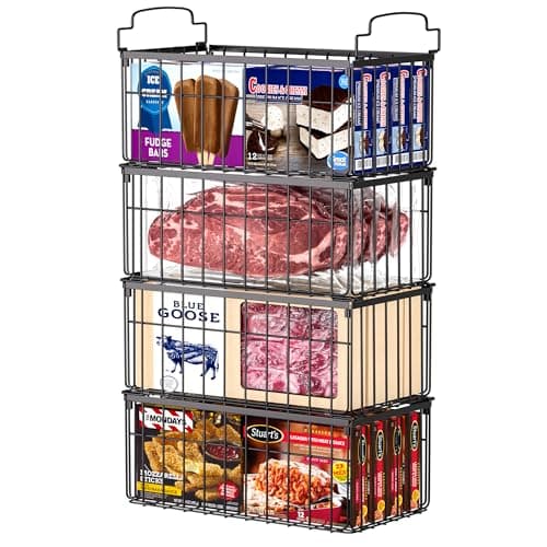 MSERCUOR Freezer Organizer Bins, 4 Pack Stackable Deep Chest Freezer Organizer Bins, Foldable Baskets with Handles, Black Storage Container Baskets for 5/ 7 Cu.FT Deep Freezer Sort Frozen Meats