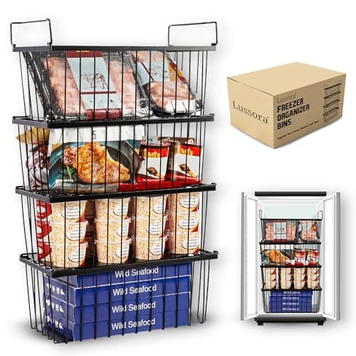 Lussora Freezer Organizer Bins - 4 Pack Stackable Chest Freezer Organizer for 7 Cu.FT Deep Freezers - Convenient Side Handles for Easy Food Access (Black)