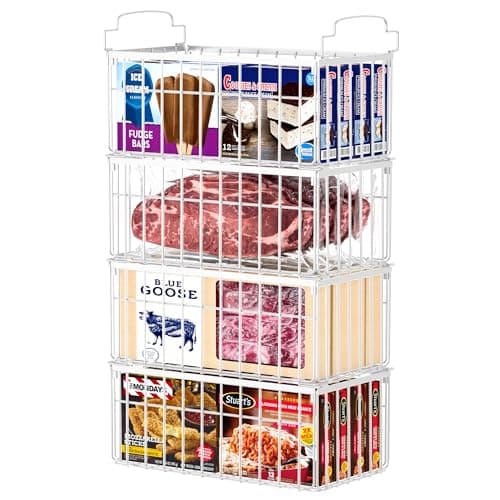 MSERCUOR Freezer Organizer Bins, 4 Pack Stackable Deep Chest Freezer Organizer Bins, Foldable Baskets with Handles, White Storage Container Baskets for 5/ 7 Cu.FT Sort Frezen Meats