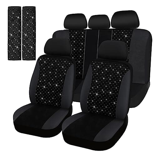 Hanaive Car Seat Cover Full Set Bling Women Velvet Auto Interior Covers Breathable Black Mesh Vehicle Seat Protector Universal Fit for Most of Sedan SUV Truck Minivan Airbag Compatible(Silver)