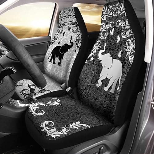 Bulopur Car Seat Cover Black White Bohemian Elephant Butterfly Print for Men Women Waterproof Soft Car Seat Decoration Fit for Car SUV Sedan Truck